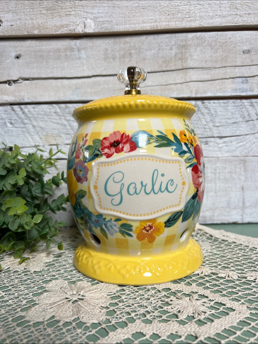 Pioneer Woman Garlic Keeper Yellow Floral